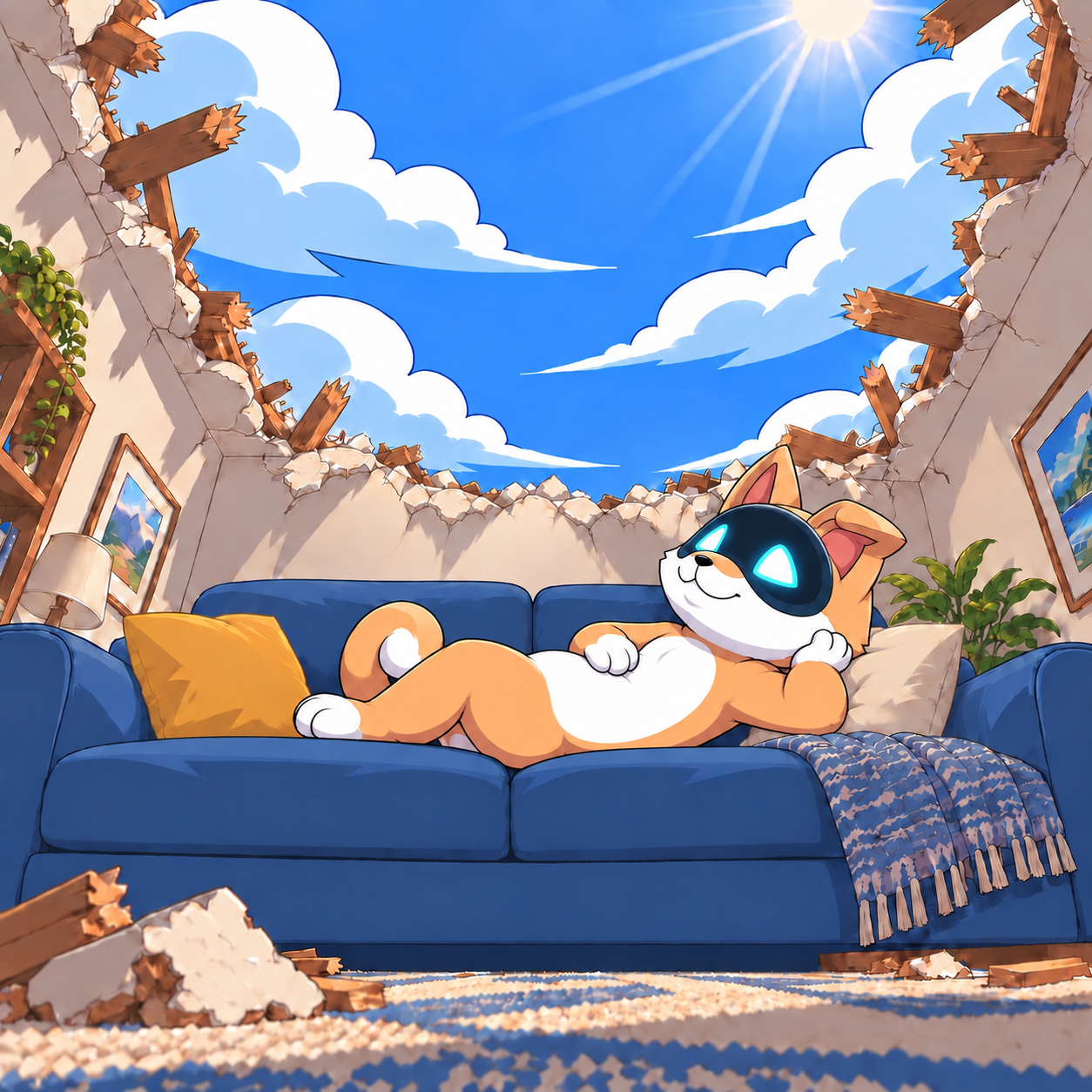 Arctificial Inu relaxing on a couch after demolishing the room