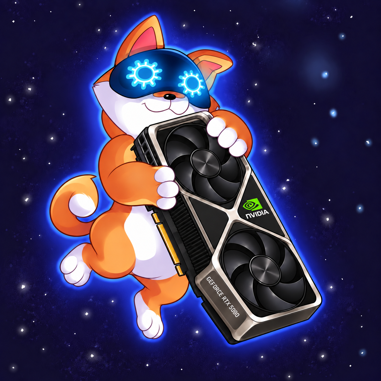 Arctificial Inu holding an NVIDIA GPU in space