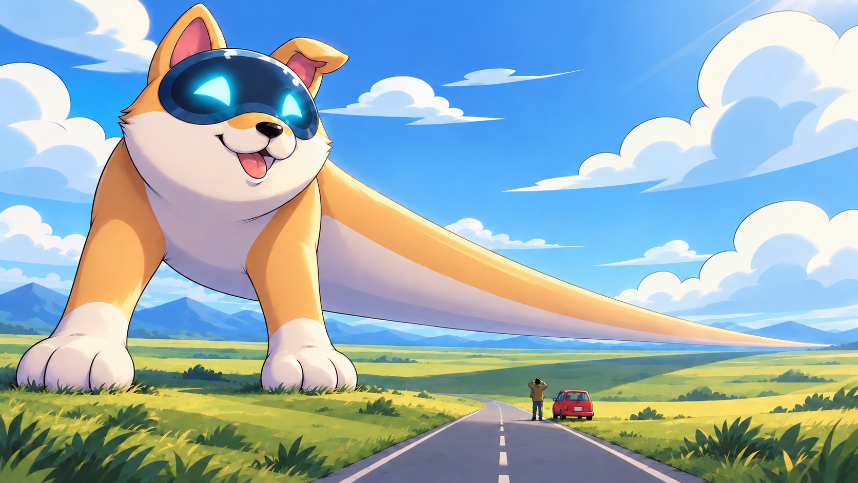 Arctificial Inu as a giant dog over a highway