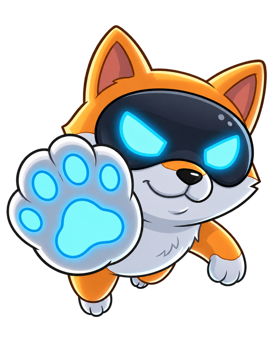 Arctificial Inu — orange dog with a dark visor and glowing cyan paw reaching toward the viewer